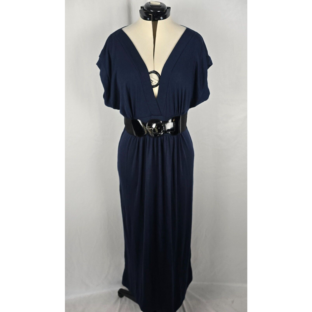 Cameron Dress Women's 2X Dark Blue Wrap Cap Sleeve Maxi Deep V-Neck Belt NWT